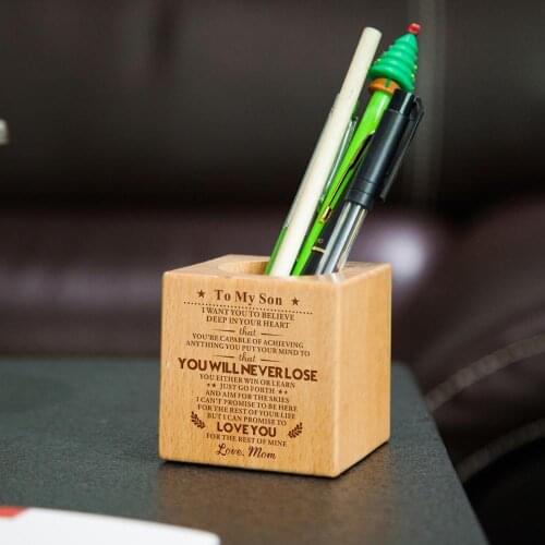 Mom To Son engraving Multi-function creative wood Made Desk Stationery Organizer Pen Pencil Holder Storage Box Case Square Conta