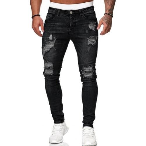 Pants Men Stylish Ripped Hole Jeans Denim Pants Pockets Button Skinny Long Trousers