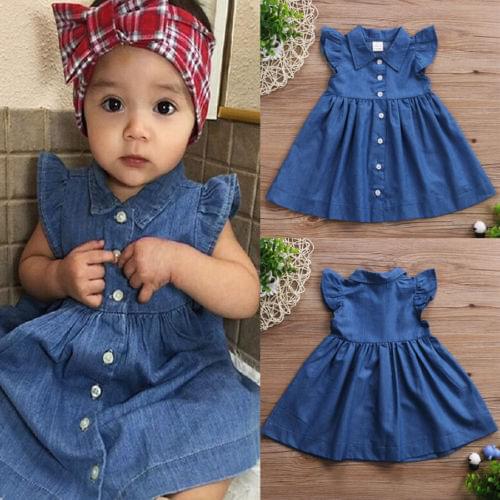 New Summer Toddler Baby Kids Girl Princess Sundress Party Button Dress Childrens Denim Flying Sleeve Dresses Clothes