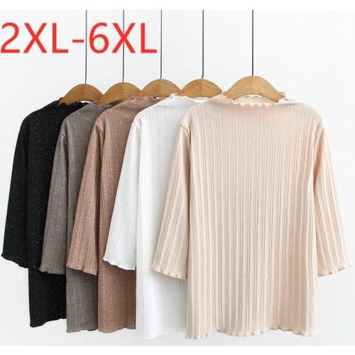 New 2021 Ladies Spring Autumn Plus Size Basic Tops For Women Large Half Sleeve Loose Beige White Sequins T-Shirt 3XL 4XL 5XL 6XL