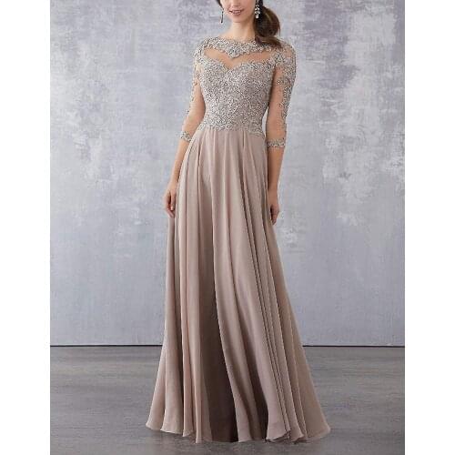 Lace Applique Beaded Mother of the Bride Dresses Elegant Three Quarter Sleeve Long Chiffon Evening Formal Maxi Dress فساتين الس