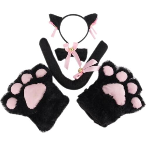 Cat Girls Plush Ear Bell Headband Tie Tail Paws Maid Fancy Dress Set Party Cosplay Cat Ear Fur Hair Clip Women Lady Hairbands