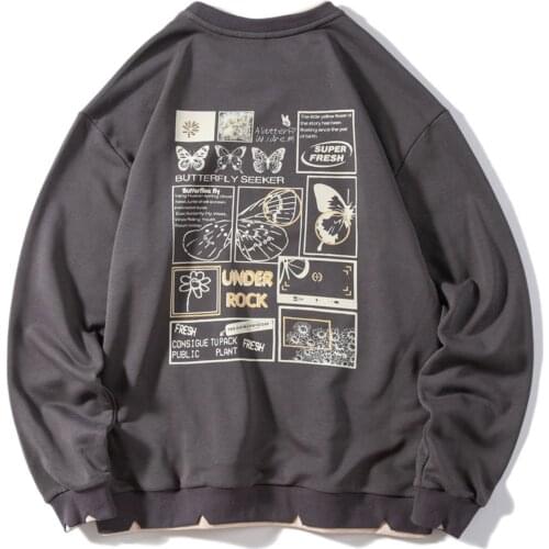 2021SS Hip Hop Butterfly Illustrated Cotton Pullover Harajuku Vintage Sweatshirt Loose Fleece Long Sleeves Men Streetwear Unisex