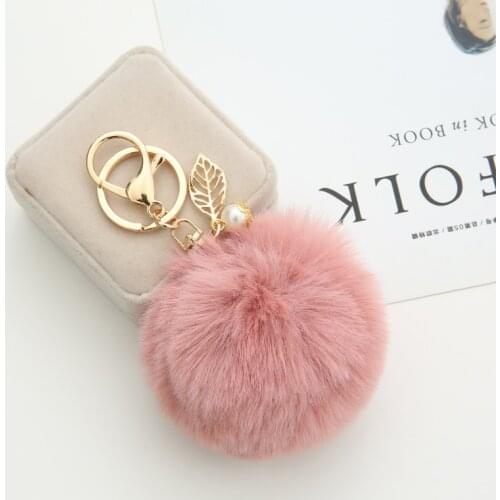 23 Colors Trinket Fluffy Artificial Rabbit Fur Ball Key Chain Pompons with Leaves for Women Car Bag Key Ring Jewelry Gift EH1003