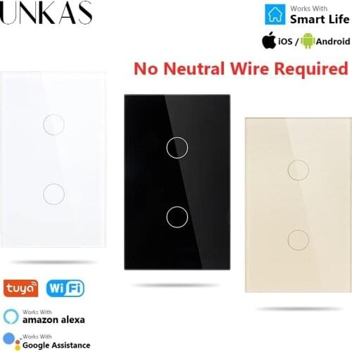 UNKAS 2 Gang Smart Home Wifi Touch Light Switch No Neutral Wire Required 220V 433RF Remote Tempered Glass Panel Outlet