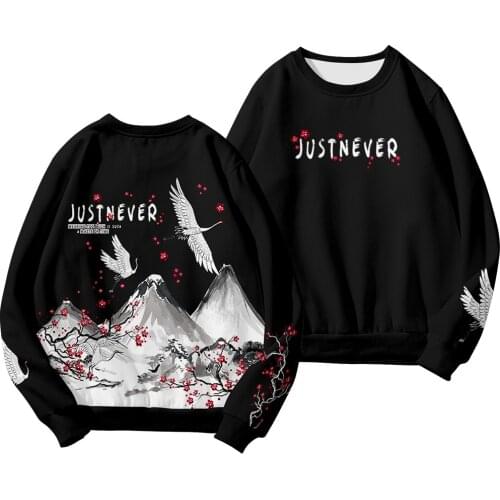 Spring Autumn Retro Sweatshirts Men O Neck Long Sleeve Black Crane Print Pullover Causal Vintage Hoodies Tops