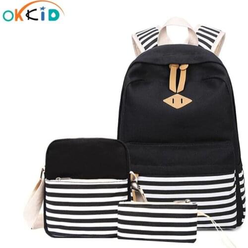 3 pcs/set black and white stripe canvas backpack kids school bags for girls book bag set children shoulder bag pen pencil bag