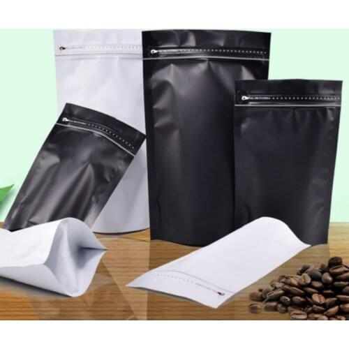 10pcs Universal coffee airless valve side zipper coffee bean candy gift powder packing bags black/white self supporting bag