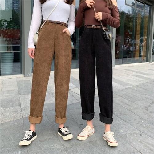 Zoki High Waist Corduroy Pants Fashion Belt Autumn Wide Leg Full Pants Spring Korean Pure Cotton Black Streetwear Ladies Trouser