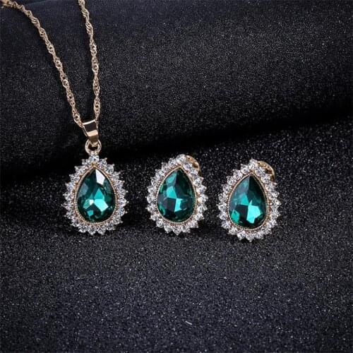 Green Teardrop Crystal Pendants Necklace Earrings Sets for Women Jewelry Set Bridal Wedding Earring Necklace Sets Fashion