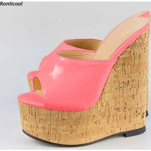 Ronticool Handmade Women Shiny Mules Sandals Sexy Wedges High Heel Open Toe Gorgeous 11 Colors Night Club Shoes US Size 5-20