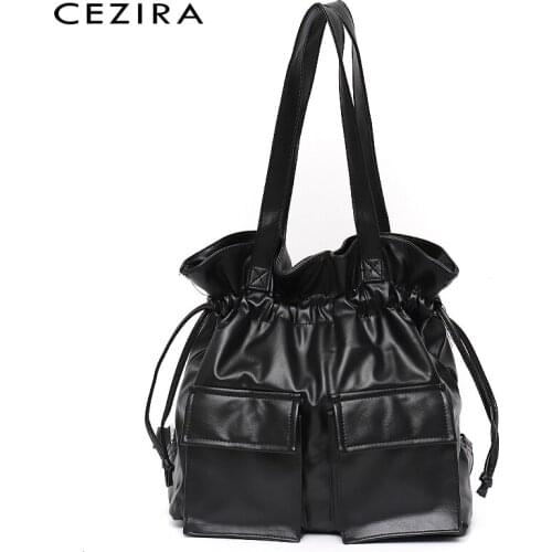CEZIRA Brand Design Women PU Vegan Leather Backpacks Fashion Drawstring Shoulder Bags Flap Pockets Ladies Casual Large Knapsacks