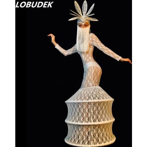 Tassel Masked Headdress White Lace Perspective Dress Nightclub Party Women Singer Stage Costume Models Catwalk Show Long Dress
