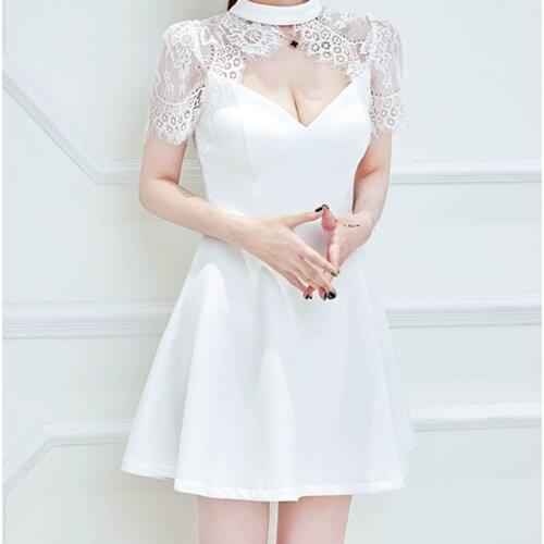 BacklakeGirls Women Elegant Lace Patchwork Short Cocktail Dress Satin Hollow Out Sexy Club Party Dresses Vestidos De Cocktail