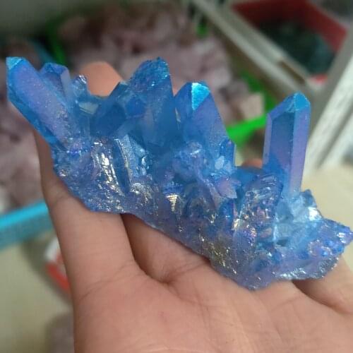 1pcs 70-120g Bule Electroplated Natural Crystal Cluster Specimen Raw Rock Quartz Flowers Aura Stones Gift Modern House Deco