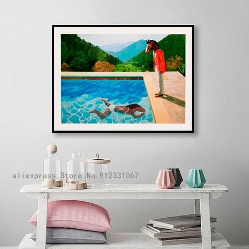 Abstract painiting Poster David Hockney Two Horses Man Swimming Pool Canvas Painting Mural Art Abstract Pictures Bedroom Decor
