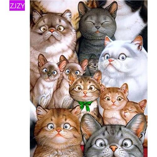 ZJZY 5D Diy Diamond Painting Cat Family Total Mobilization Rhinestone Diamond Embroidery Animal Cartoon Home Decoration LY616