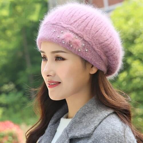Beret Women Winter Hat Angora Knit Beanie Warm Autumn Rhinestone Double Layers Skiing Outdoor Accessory For Female Headwear