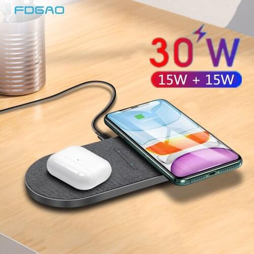 FDGAO 30W 2 in 1 Qi Wireless Charger for Samsung S20 S10 Buds Dual Fast Charging Pad For iPhone 12 11 Max XS XR X 8 Airpods Pro