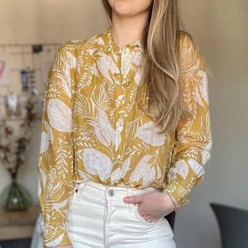 Foliage Printed Shirts Women Summer Casual Long Sleeve Buttons Cotton Blouse Office Lady 2020 Loose Tops Camisas Mujer Autumn