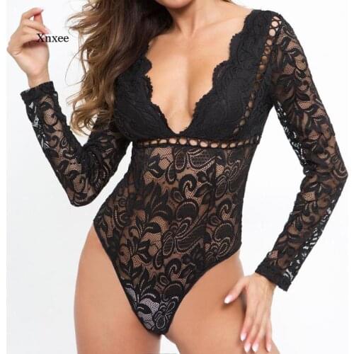 Summer Bodysuit Femme Rompers Backless Long Sleeve Skinny Sexy Femme Hollow Out Tops Party Women Black White Lace Playsuit