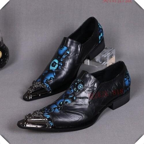 Christia Bella British Style Big Size Metal Carved Pointed Toe Male Blue Floral Real Leather Shoes Personalized Men Party Shoes