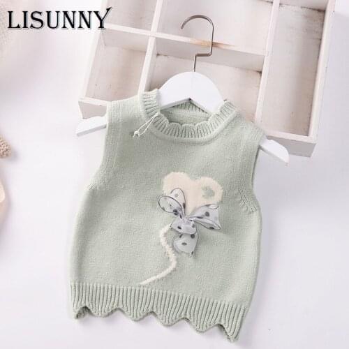 2021 Spring Autumn Girls Knitting Vest Baby Coat Knitted Sweater Vest Kids Outerwear Children Jackets Bow Sleeveless Garment