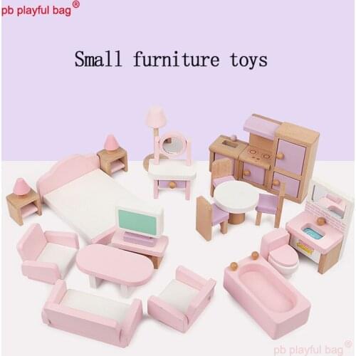 PB Playful bag Wooden DIY play house pink furniture Bedroom living room Suit combination Childrens toys holiday gifts UG17
