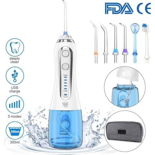 H2ofloss Water Flosser 5 Modes Dental Oral Irrigator Waterproof 300ML Protable Cordless Rechargeable with 6 Jet Tips for Travel