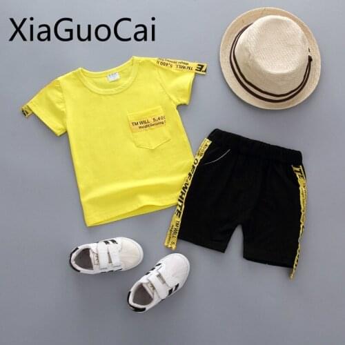 Summer Yellow Casual Children Sets Version 1-4 Years Boys T-shirts and Shorts Baby Letter Pocket Short-sleeved Shorts