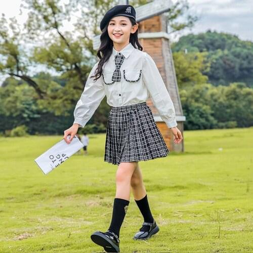 Girls Fashion Suit Spring And Autumn Bowknot White Button Long-sleeved Shirt And Pleated Plaid Skirt Girls Campus Uniform Suit
