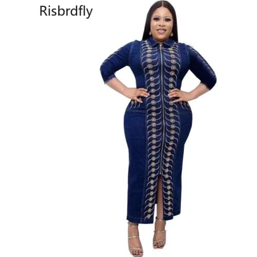 2021 New Diamonds Denim African Dresses for Women Spring Summer Elegant Gown Flowers Printed Dashiki Long Dress African Clothing
