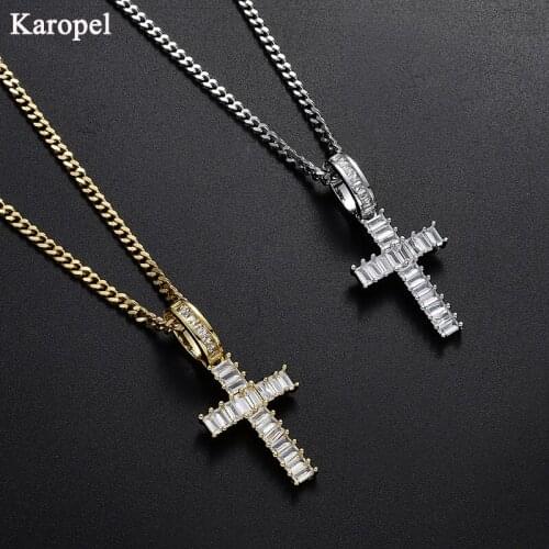 Karopel Fashion Mini Baguette Cross Pendant Necklace for Women Men AAA Cubic Zircon Mens Hip Hop Rock Jewelry