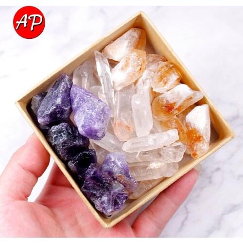 1Box Natural Crystal Amethyst Rough Rock Stone Scientific Research Mineral Specimen Clear Quartz Point Healing Decor