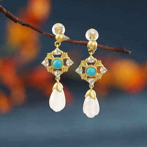 S925 sterling silver inlaid turquoise and Tianyu earrings temperament womens fashion gold-plated personalized earrings free shi