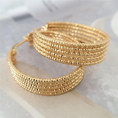 Bohemia Gold Color Plating Rough 5 Row Together Round Hoop Earrings For Women Girl Casual Modern Elegant Office Lady Jewelry