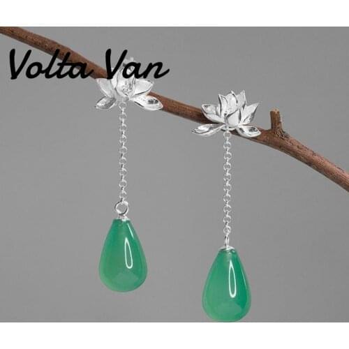 Volta Van Agate Drop Earrings 925 Sterling Silver Elegant Pendientes 2021 New Vintage Jewelry Lotus Flower Silver Earrings