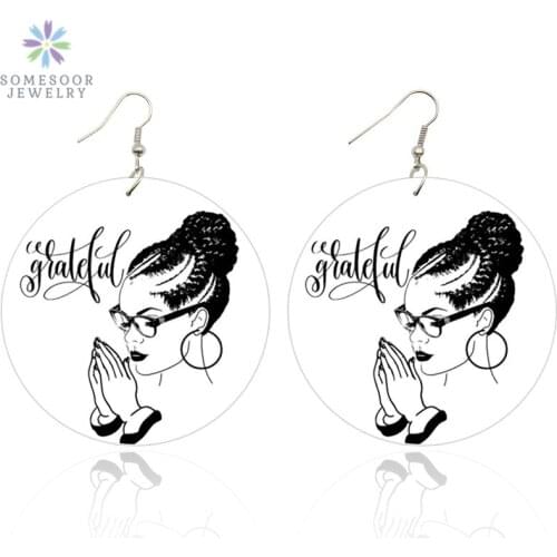SOMESOOR Greatful Black Woman Afro Artistic Wood Drop Earrings African Natural Hair Both Sides Printing Dangle Jewelry Gifts