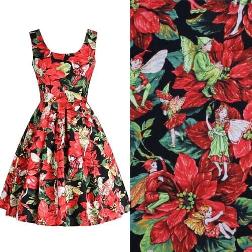 50x70cm Amazing Gold Giltter Red Rose Flower Angels Printed Cotton Fabric For DIY Sewing Decoration