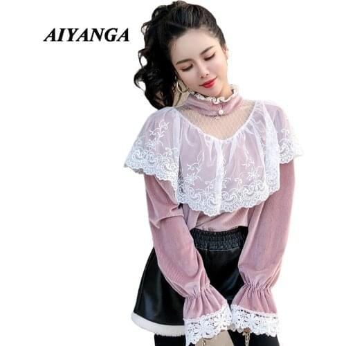 2019 New Spring Casual See Through Women Shirt Flare Sleeve Stand Collar Fashion Ruffles Lace Female Beading Velvet Blouse