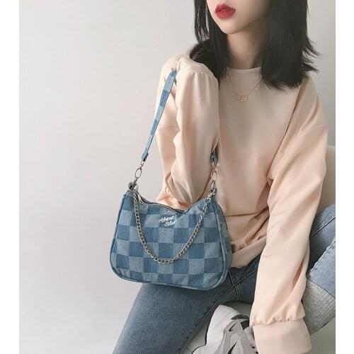 Women Small Shoulder Bags Blue Checked Handbag Canvas Tote Chain Underarm Bag Ladies Denim Half Moon Bags Cotton Cloth Purse