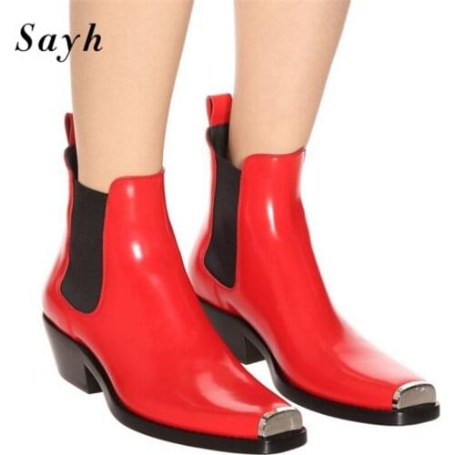 Size Plus Women Ankle Boots Patchwork Patent Leather Pointed Toe Chunky Heels Rome Punk Modern Boots Chelsea Shoes