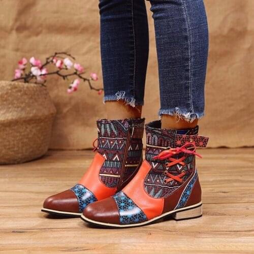 2021 Women Boots Retro Printed Metal Buckle Genuine Leather Zipper Ankle Boots Fashion Ladies Shoes