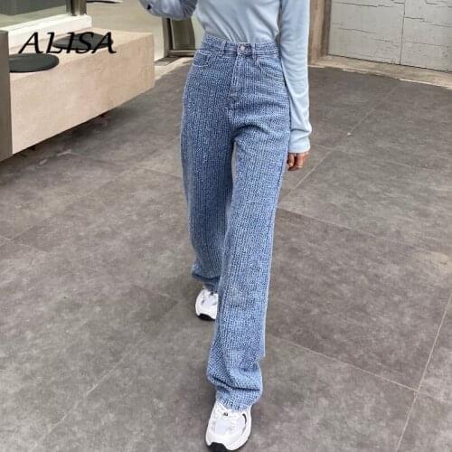 New Women Vintage High Waist Jeans Korean Streetwear Plaid Straight-leg Denim Pants Woman Button Up Baggy Jeans Long Pants