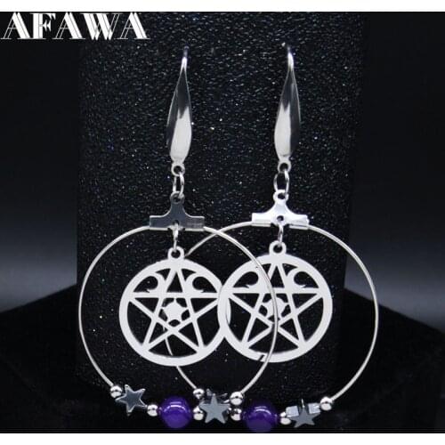2021 Fashion Pentagram Moon Witchcraft Natural Crystal Stainless Steel Earring for Women Dangle Earrings Jewelry aretes E613009