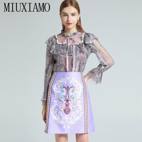 MIUXIMAO 2021 Spring Summer Flower Print Ruffles Lace O-neck Long-sleeve Shirt + Mini Skirt Set Two-piece Set Women Vestidos