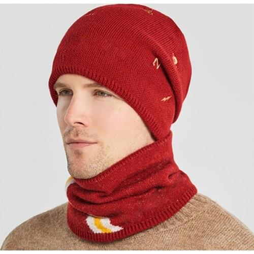 Winter Beanie Hats Scarf Set Warm Knit Hat Embroidery Warmer Thick All-match Plush Knit Hat for Men Women Fashion Skullies Caps