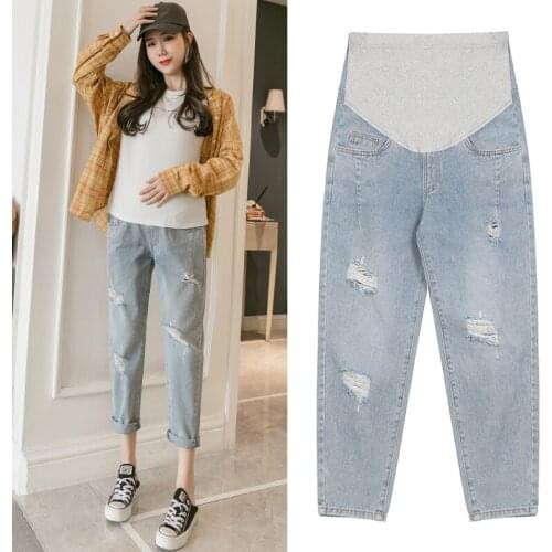 30237# Maternity pants Summer Hole Decoration Maternity Jeans Belly Support Ninth Pants Elastic Waist Maternity Trousers