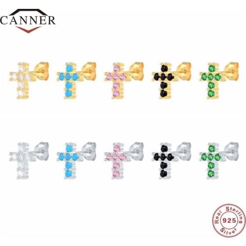 CANNER 925 Sterling Silver Small Colorful Zircon Cross Stud Earrings for Women Punk Piercing Earring Jewelry Pendientes Brincos