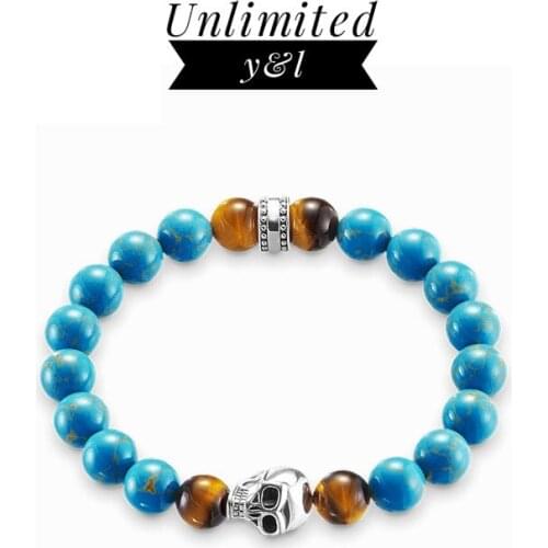 Blue Stone Skull Bead Bracelets 925 Sterling Silver Tiger Eye Stone Hero Skeleton Bead Elastic Fashion Jewelry Women Men Gift